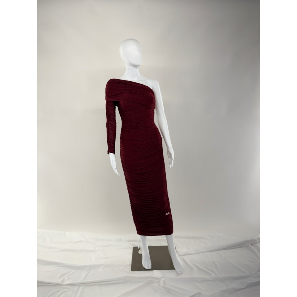 Ronny Kobo Ruched One Shoulder Long Sleeve Midi Dress Burgundy Size S - Picture 3 of 10